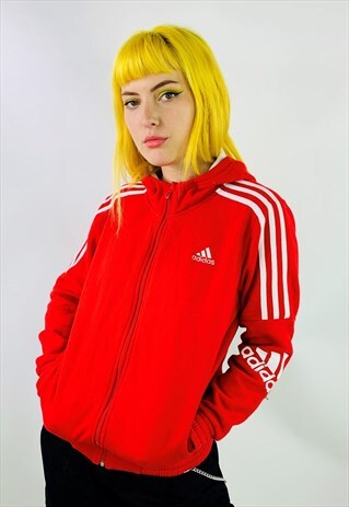 VINTAGE ADIDAS CLASSIC 3 STRIPE ZIP UP RED HOODIE
