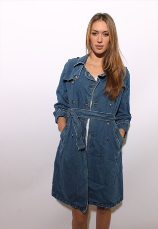 VINTAGE 1990'S 90'S BLUE DENIM DOUBLE BREASTED TRENCH M-L