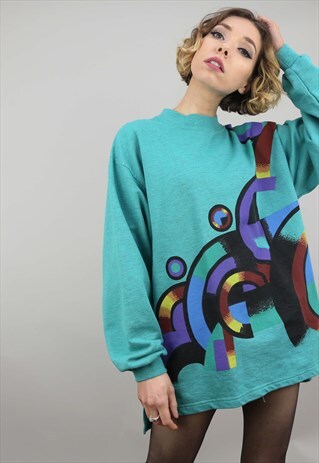 VINTAGE 80S 90S OVERSIZED GREEN PATTERNED SWEATER SWEATSHIRT