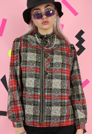 VINTAGE 90S BLOUSE TOP Y2K RED GREY TARTAN POLKADOT PATTERN