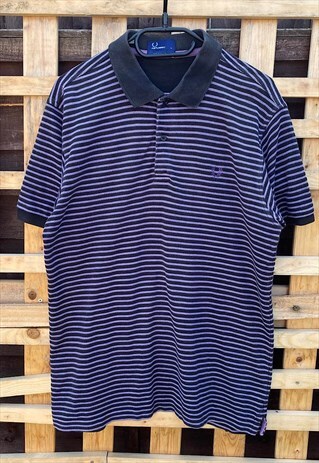 Fred Perry black & purple striped polo shirt medium 