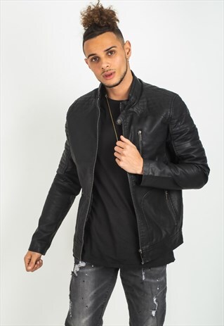 MENS BLACK FAUX LEATHER BIKER JACKET