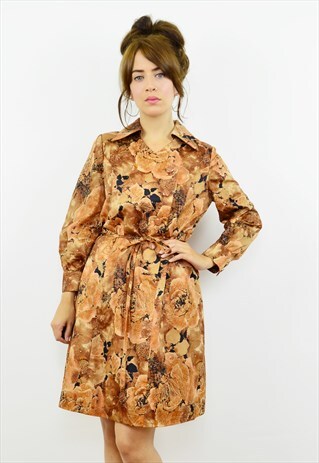 VINTAGE 70S BROWN AUTUMN FLORAL MINI OFFICE DRESS