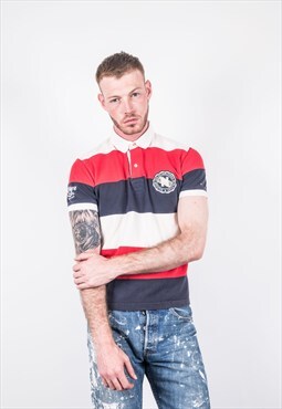 Vintage 1990s Red and Blue Striped Tommy Hilfiger Polo Shirt