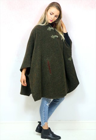 1970S VINTAGE BOTTLE GREEN REVERSIBLE WOOL CAPE COAT