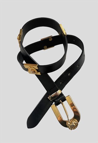 80'S VINTAGE ST MICHAEL BLACK LEATHER GOLD LION LADIES BELT