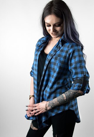 SUCK IT SLOGAN BLUE AND BLACK BRUSHED CHECK SHIRT