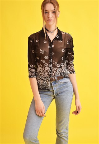 90'S RETRO FLORAL PRINT KITSCH MESH SHEER TEEN PARTY TOP