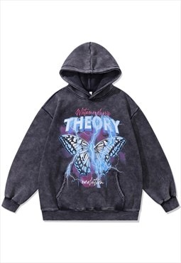 Thunder print hoodie vintage wash pullover butterfly jumper