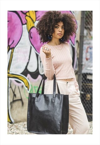 BLACK LEATHER CITY SHOPPER TOTE BAG