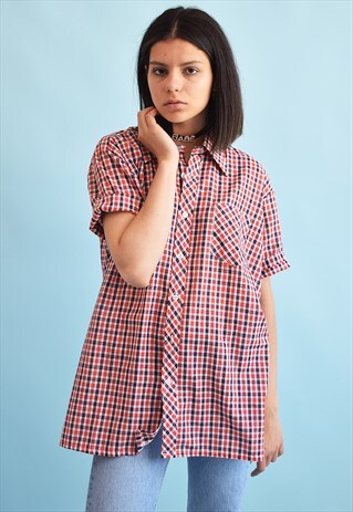 90'S RETRO CHECKED PRINT OVERSIZED BOYFRIENDS BLOUSE TOP