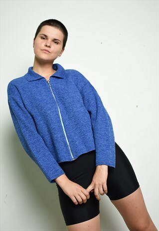 90'S RETRO RIBBED KNIT CROPPED OVERSIZED CARDIGAN IN BLUE