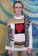 HEART PATTERN SWEATER LOVE VINTAGE CABLE KNIT JUMPER WHITE