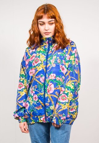 VINTAGE 90'S BLUE FLORAL PRINT OVERSIZED SILK BOMBER JACKET