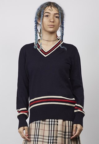 VINTAGE 70'S NAVY STRIPED KNIT V-NECK FILA JUMPER