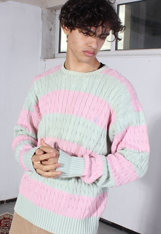 VINTAGE RALPH LAUREN PINK AND GREEN CABLE KNIT JUMPER