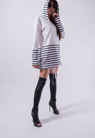 OVERSIZED WHITE SHIRT TOP COTTON HOODED STRIPE SHIRT F1834