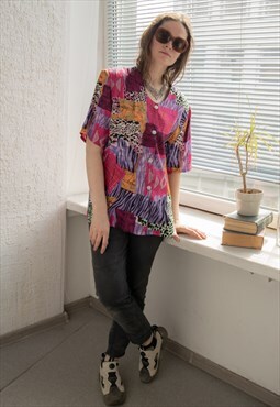 Vintage 80's Multicolour Abstract Print Short Sleeved Blouse