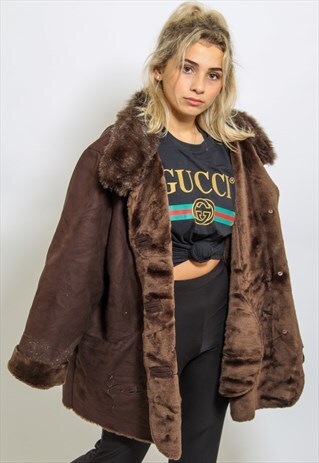 VINTAGE SHEARLING COAT FAUX FUR LINED JACKET IN BROWN XL