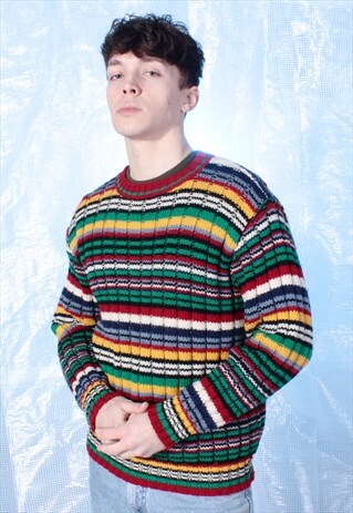 VINTAGE BENETTON MULTI COLOUR STRIPED KNITTED JUMPER