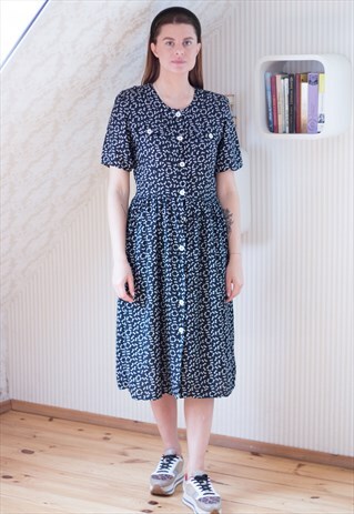 BLACK MIDI RIBBON PATTERNED DRESS