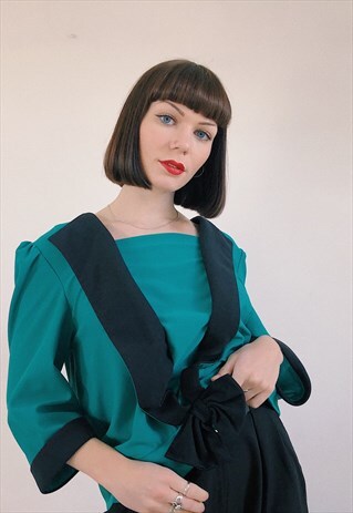 80S GREEN TEAL SMART VINTAGE BLOUSE
