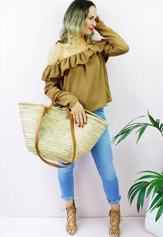 CAMEL BARDOT RUFFLE FRILL BOHO PEASANT BLOUSE TOP
