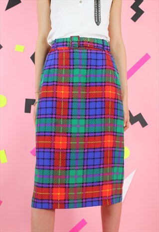VINTAGE 90S TARTAN SKIRT PENCIL MIDI BLUE GREEN RED