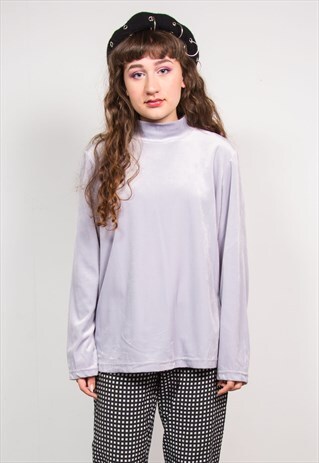 VINTAGE 90'S GREY VELVET HIGH NECK LONG SLEEVE TOP