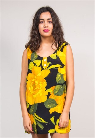 90'S VINTAGE LARGE YELLOW FLORAL SLEEVELESS BLOUSE TOP SHIRT