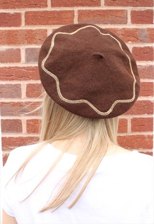 VINTAGE 90S BROWN WOOL BOHEMIAN BERET WITH WAVY EMBROIDERY