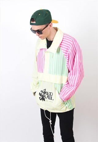 VINTAGE 80S COLOURFUL STRIPED LIGHTWEIGHT WINDBREAKER JACKET
