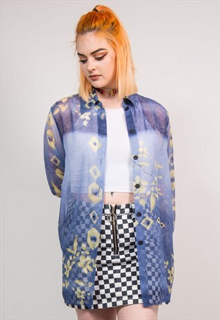 90'S VINTAGE BLUE FLOWER PATTERN SHEER SHIRT BLOUSE