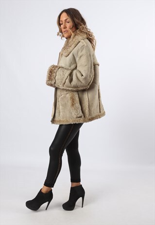 SHEEPSKIN SHEARLING SUEDE SHORT COAT UK 18 (EHCJ)