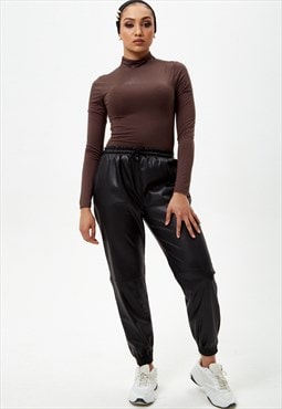 Black Pu Leather Cargo Trousers 