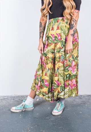 VINTAGE GREEN AND PINK PATTERNED WIDE-LEG TROUSERS