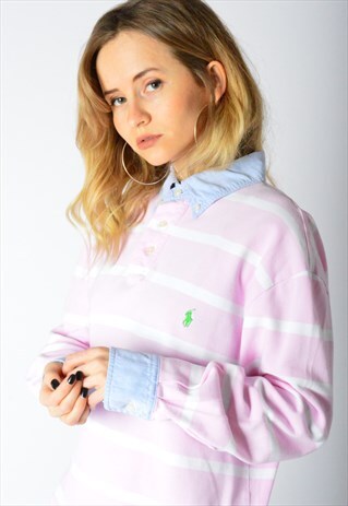 VINTAGE PASTEL PINK WHITE STRIPED RALPH LAUREN POLO SHIRT