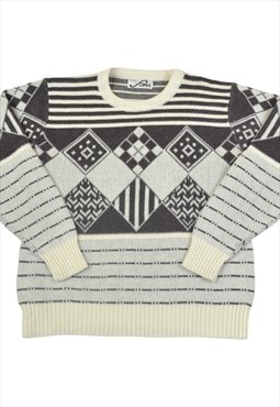 Vintage Knitted Jumper Retro Pattern White/Grey Medium