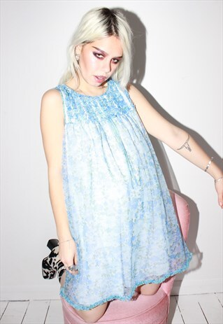 VINTAGE 60S BABY BLUE FLORAL RUFFLE TRIM SLIP