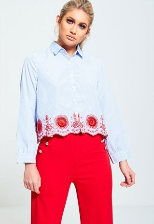FLORAL CROCHET STRIPED CROPPED SHIRT
