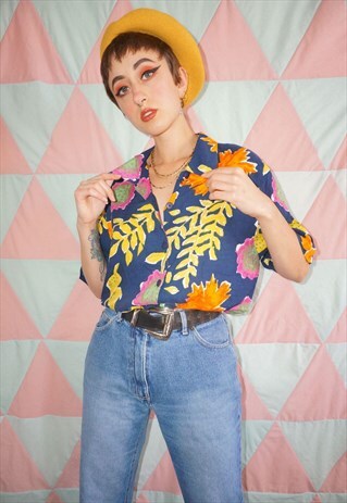 VINTAGE 90S BLUE FLORAL / LEAF PATTERN VISCOSE SHIRT