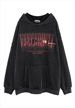 Black Washed Distressed Graphic Oversized Hoodies Y2k