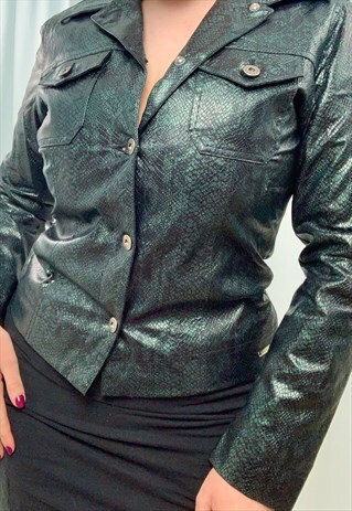 Y2K GUESS DARK GREEN SNAKE PRINT FAUX LEATHER JACKET