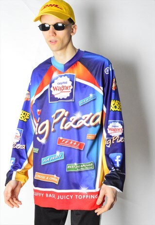 VINTAGE 90S COLOURFUL PIZZA JERSEY SHIRT. MADE IN EUROPE