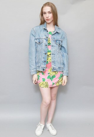 VINTAGE 1990'S VIBRANT PINK FLORAL SLEEVELESS MINI DRESS