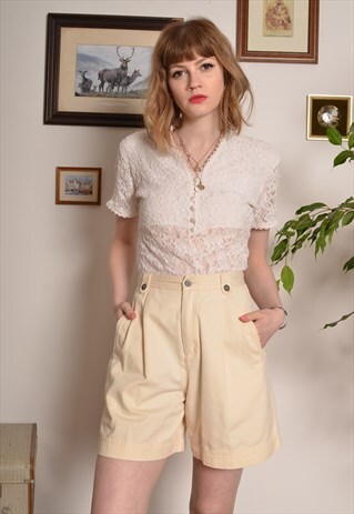 VINTAGE HIGH WAIST COTTON SAFARI SHORTS IN CREAM