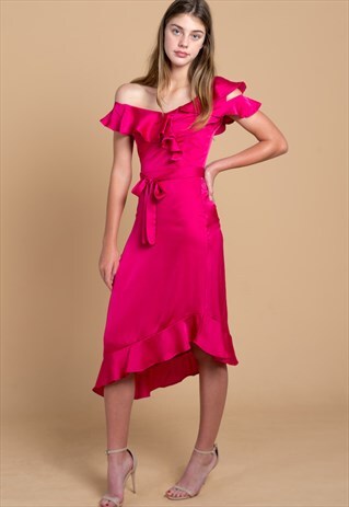 ALEXA ASYMMETRICAL RUFFLE DRESS IN FUCHSIA