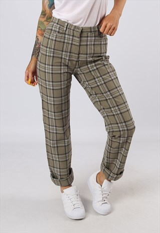 HIGH WAISTED TROUSERS TARTAN CHECKED STRAIGHT UK 10 (OAL)