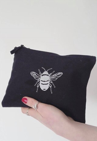 MAKE UP BAG IN BLACK WITH SILVER BEE EMBROIDERY