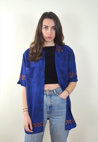 90S VINTAGE BLUE & BROWN ABSTRACT PATTERN SHORT SLEEVE SHIRT